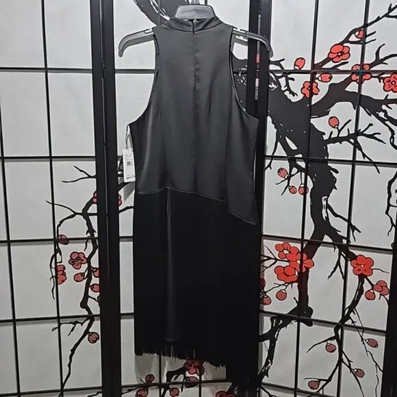 Liv Foster Mock Neck Sleeveless Midi Asymmetrical Fringe Crepe Dress Size 8 New - Picture 12 of 16